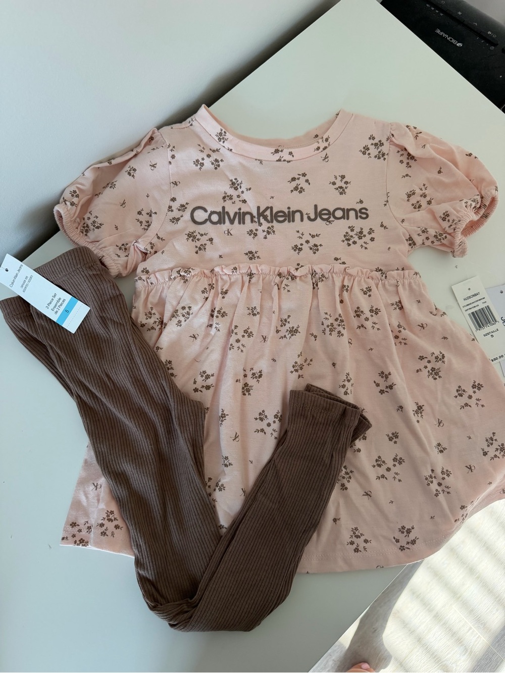 Calvin Klein Pink Floral Dress & Brown Ribbed Tights Kids Matching Set